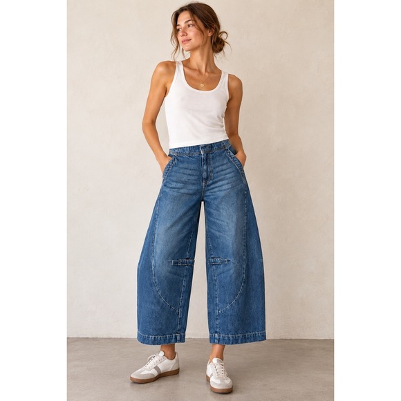 Pilcro Denim - Pilcro Cinch Back Barrel Leg Wide Leg Jeans Medium Wash Blue 27